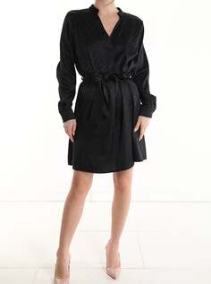 Мини-платье с длинными рукавами и узором, v-образным вырезом и поясом, черный NO Brand