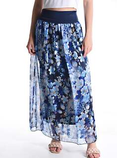 Длинная шифоновая юбка с цветочным принтом на подкладке на резинке, темно-синий NO Brand