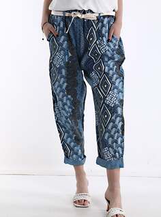 Льняные брюки с геометрическим узором и карманами на ленте, темно-синий NO Brand