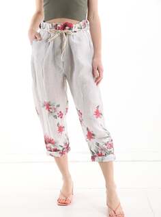 Льняные брюки с цветочным принтом и карманами на ленте, белый NO Brand