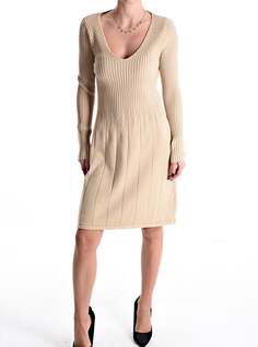 Платье длиной до колена с длинными рукавами и v-образным вырезом, бежевый NO Brand