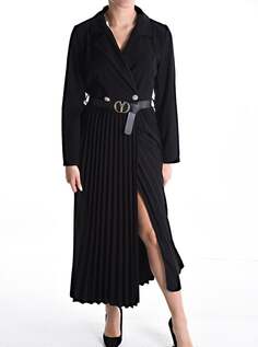 Плиссированное длинное двубортное платье с поясом и v-образным вырезом, черный NO Brand