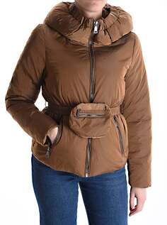 Куртка-пуховик с карманами и сумкой-мешочком с капюшоном на молнии с поясом, коричневый NO Brand
