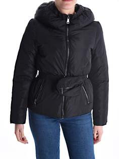 Куртка-пуховик с карманами и сумкой-мешочком с капюшоном на молнии с поясом, черный NO Brand