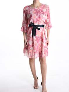 Платье длиной до колена с цветочным принтом на подкладке, рукав 3/4 с лентой, пыльно-розовый NO Brand