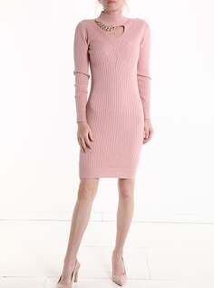 Платье длиной до колена в рубчик с длинными рукавами и высоким воротником на цепочке, розовый NO Brand