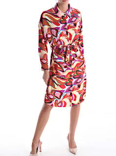 Хлопковое платье-рубашка длиной до колена с абстрактным принтом и длинными рукавами, с поясом, фуксия NO Brand