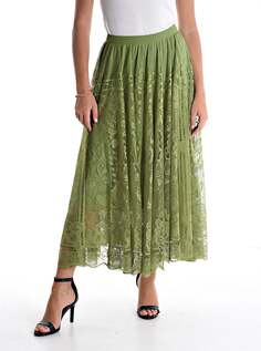 Длинная юбка с кружевной отделкой на резинке, оливково-бежевый NO Brand