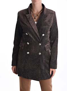 Полосатое двубортное пальто с люрексом и карманами, темно коричневый NO Brand