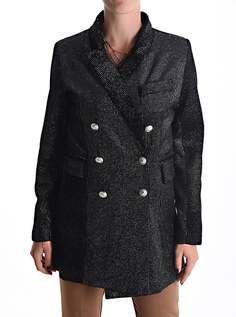 Полосатое двубортное пальто с люрексом и карманами, черный NO Brand
