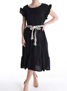 Хлопковое платье с короткими рукавами, воланами и тканевым поясом, черный NO Brand
