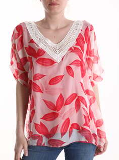 Блузка с короткими рукавами и принтом в виде листьев с v-образным вырезом, красный NO Brand