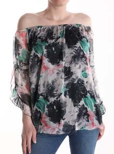 Блуза с цветочным принтом и эластичным рукавом 3/4, черный NO Brand