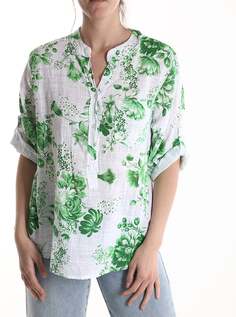 Хлопковая блузка с короткими рукавами и цветочным принтом на пуговицах и v-образным вырезом, зеленый NO Brand