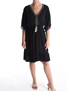 Платье длиной до колена с короткими рукавами, v-образным вырезом и бахромой, черный NO Brand