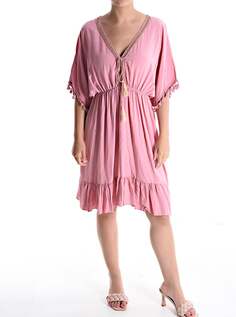 Платье длиной до колена с короткими рукавами, v-образным вырезом и бахромой, розовый NO Brand