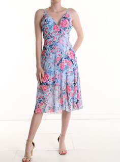 Платье длиной до колена без рукавов с цветочным принтом и чашками с разрезом и v-образным вырезом, светло-синий NO Brand