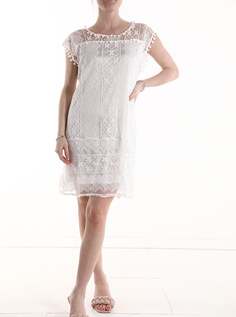 Платье длиной до колена с короткими рукавами и кружевной отделкой, белый NO Brand