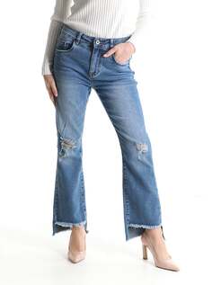 Рваные асимметричные расклешенные хлопковые джинсы с карманами и бахромой, деним NO Brand