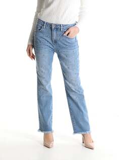 Хлопковые джинсы с карманами со стразами, светлый деним NO Brand