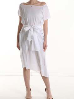Платье длиной до колена с короткими рукавами и поясом с разрезом, белый NO Brand