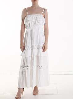 Длинное платье без рукавов с кружевной отделкой и воланами, белый NO Brand