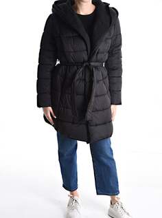 Куртка-пуховик с поясом, капюшоном с карманами, черный NO Brand