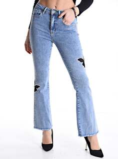 Хлопковые джинсы с завышенной талией и расклешенным животным мотивом, с карманами и стразами, светло-васильковый NO Brand