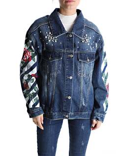 Джинсовая хлопковая куртка с цветочным принтом на пуговицах с жемчугом и карманами, светло-синий NO Brand