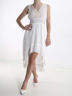Платье без рукавов с вышитой кружевной отделкой и воланами, с v-образным вырезом и бантом, белый NO Brand