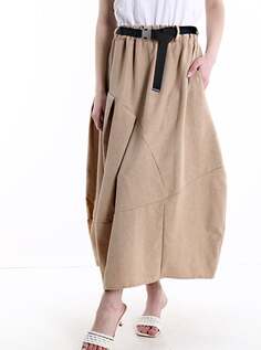 Длинная льняная юбка с поясом и карманами, коричневый NO Brand