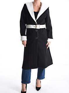 Пальто на пуговицах с капюшоном на подкладке с карманами на поясе, черный NO Brand