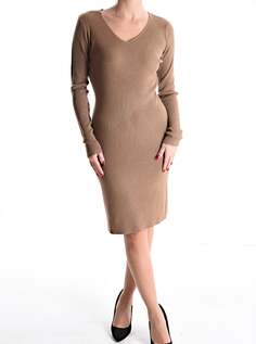 Платье длиной до колена в рубчик с длинными рукавами и v-образным вырезом, коричневый NO Brand