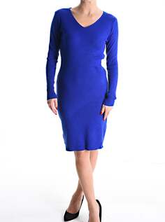 Платье длиной до колена в рубчик с длинными рукавами и v-образным вырезом, цвет Electric blue NO Brand