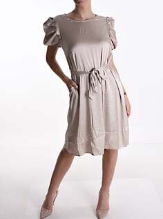 Атласное платье длиной до колена с пышными рукавами, карманами и поясом, бежевый NO Brand