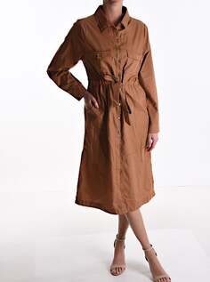 С воротником Платье на пуговицах с тканевым поясом и карманами, коричневый NO Brand