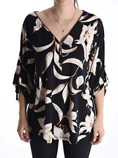 Блуза с цветочным принтом, v-образным вырезом, рукавом 3/4 и молнией, черный NO Brand