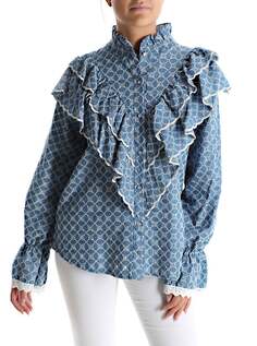 Джинсовая хлопковая рубашка с вышивкой и воланами, цвет Klein Blue NO Brand