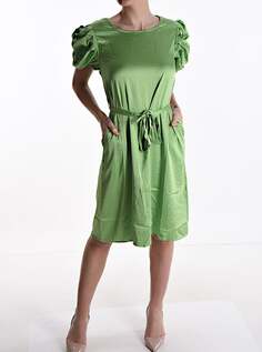 Атласное платье длиной до колена с пышными рукавами, карманами и поясом, зеленый NO Brand