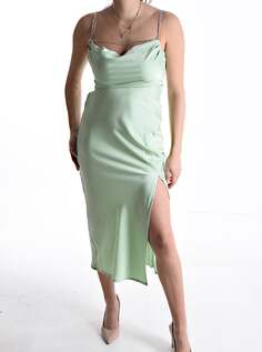 Атласное длинное платье со стразами и разрезом, зеленый NO Brand
