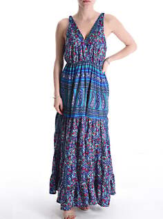 Длинное шелковое платье без рукавов с жаккардовым принтом и воланами, лазурный синий NO Brand
