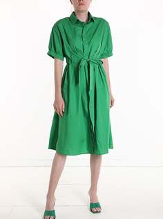 Хлопковое платье-рубашка длиной до колена с короткими рукавами и воротником, с карманами на кулиске, зеленый NO Brand