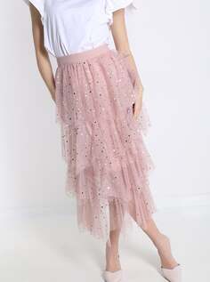 Длинная юбка из тюля со звездным узором и воланами на резинке, розовый NO Brand