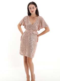 Платье длиной до колена с коротким рукавом и поясом, с v-образным вырезом и пайетками, розовое золото NO Brand