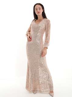 Длинное платье с пайетками и v-образным вырезом, розовое золото NO Brand