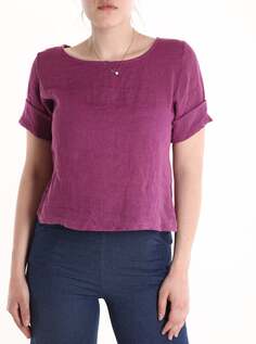 Льняная блузка с короткими рукавами и пуговицами, красно-фиолетовый NO Brand