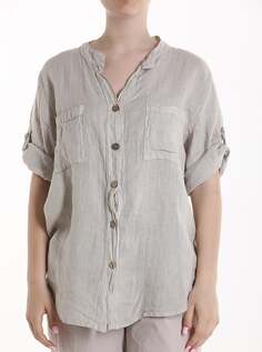 Льняная рубашка с коротким рукавом на пуговицах, с V-образным вырезом и карманами, бежевый NO Brand