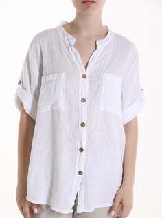 Льняная рубашка с коротким рукавом на пуговицах, с V-образным вырезом и карманами, белый NO Brand