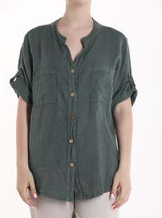 Льняная рубашка с коротким рукавом на пуговицах, с V-образным вырезом и карманами, цвет Grey asparagus NO Brand