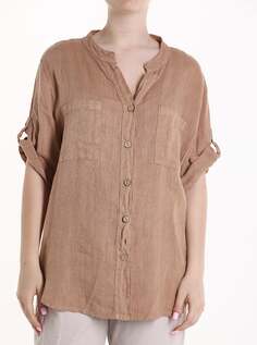 Льняная рубашка с коротким рукавом на пуговицах, с V-образным вырезом и карманами, коричневый NO Brand